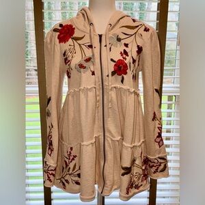 Johnny Was Cream Hooded Embroidered Tiered Cardigan with Red & Purple Floral
